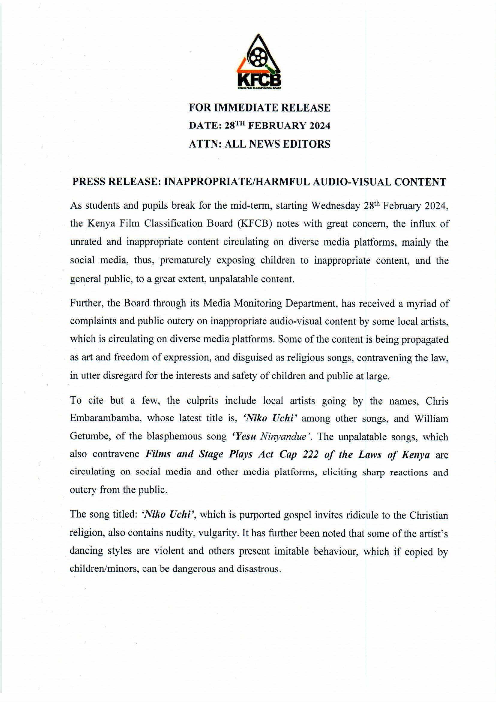 PRESS RELEASE: INAPPROPRIATE/HARMFUL AUDIO-VISUAL CONTENT 