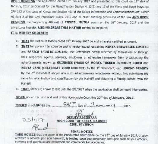 KFCB COURT INJUNCTION AGAINST BEER ADVERTS