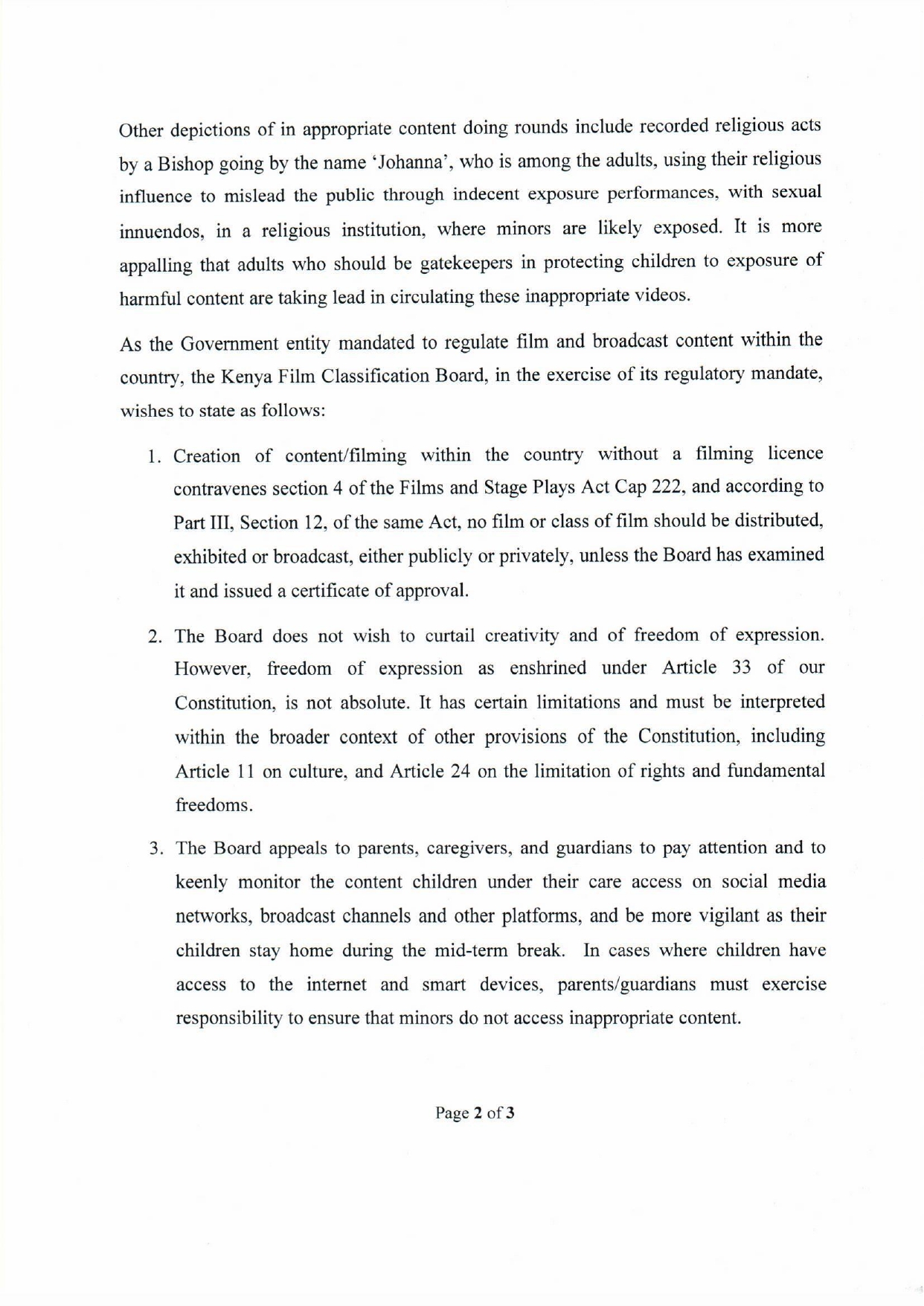 PRESS RELEASE: INAPPROPRIATE/HARMFUL AUDIO-VISUAL CONTENT 